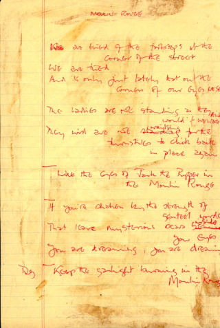 Handwritten lyrics Jack The Ripper